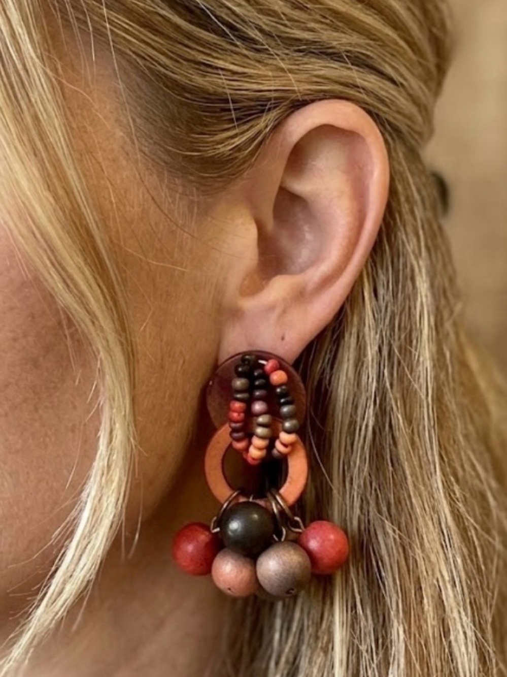 Wooden Bead Boho Drop Pierced Earrings Posts Tribal Earth Tones